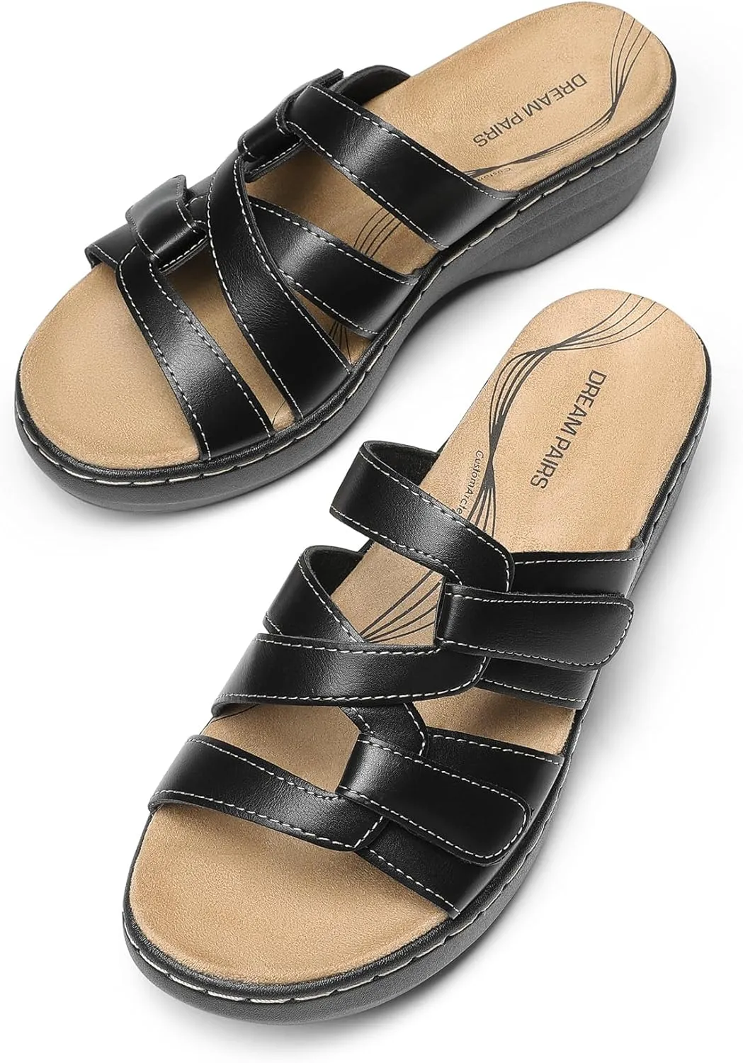 DREAM PAIRS Women's Arch Support Slide Sandals Adjustable Straps Slip On Wedge Sandals Casual Comfort Lightweight Flat Slides