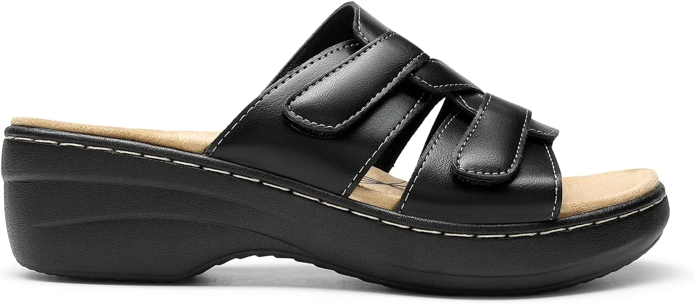 DREAM PAIRS Women's Arch Support Slide Sandals Adjustable Straps Slip On Wedge Sandals Casual Comfort Lightweight Flat Slides