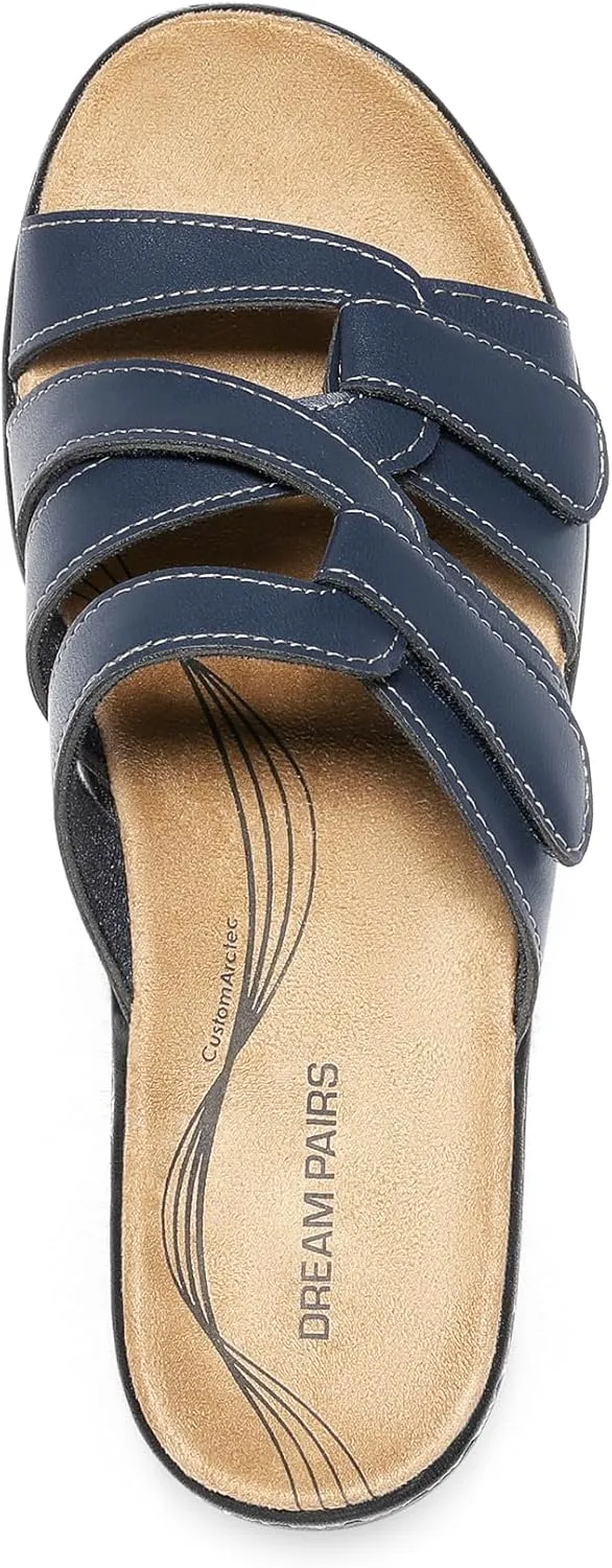DREAM PAIRS Women's Arch Support Slide Sandals Adjustable Straps Slip On Wedge Sandals Casual Comfort Lightweight Flat Slides
