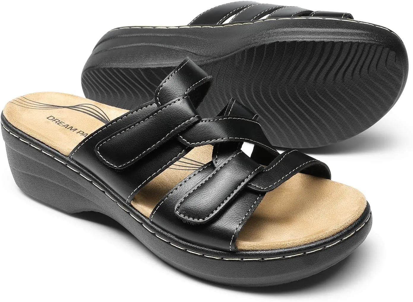 DREAM PAIRS Women's Arch Support Slide Sandals Adjustable Straps Slip On Wedge Sandals Casual Comfort Lightweight Flat Slides