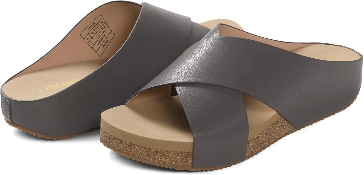 DREAM PAIRS Women's Cork Slide Sandals Slip on Open Toe Cute Platform Criss Cross Flat Sandals for Summer