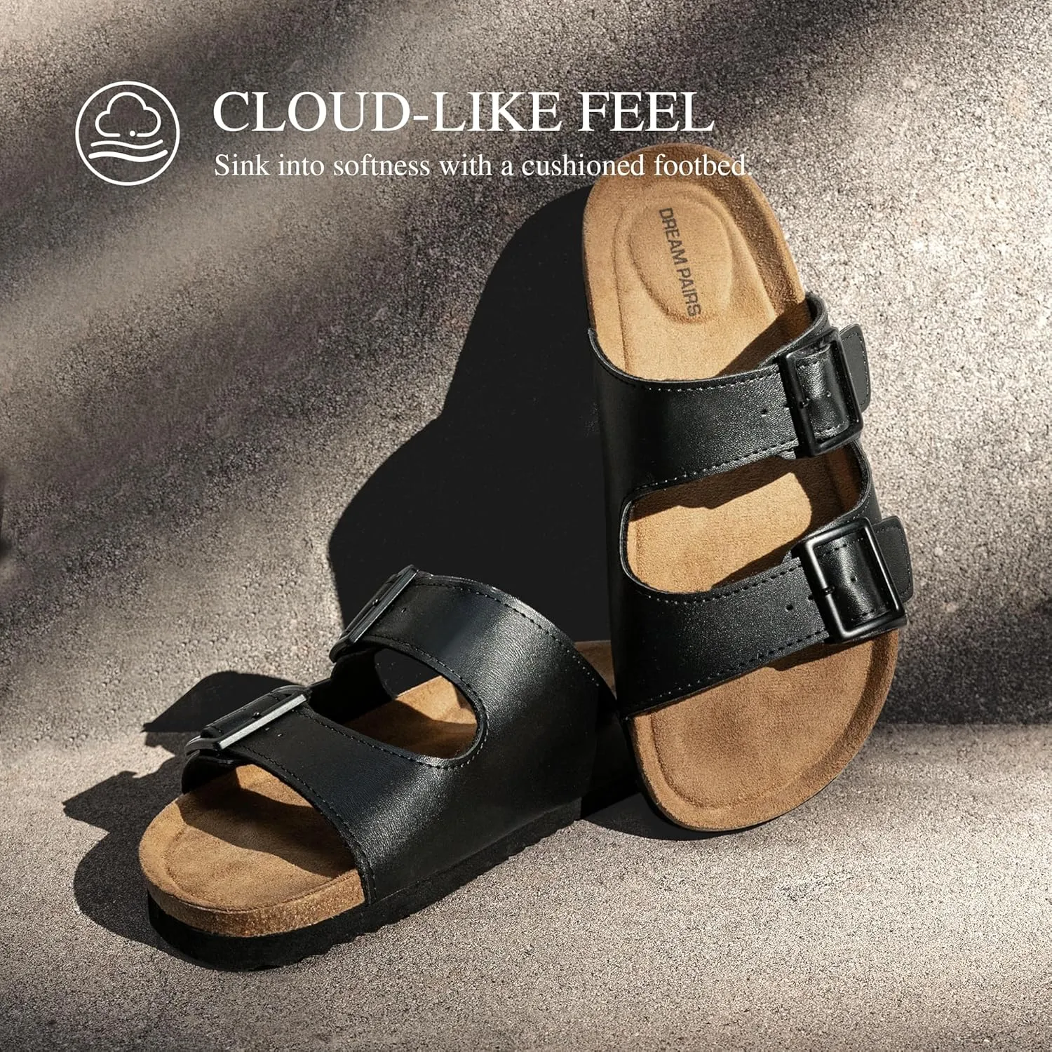 DREAM PAIRS Womens Slide Sandals Cork Footbed Open Toe Adjustable Flat Sandals Comfort Slip On Slippers for Summer