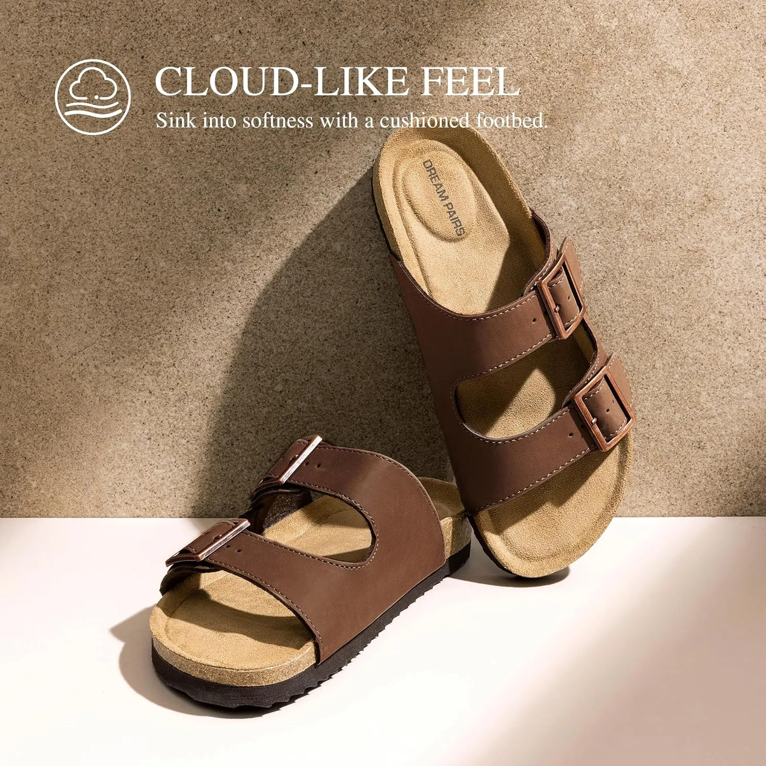 DREAM PAIRS Womens Slide Sandals Cork Footbed Open Toe Adjustable Flat Sandals Comfort Slip On Slippers for Summer