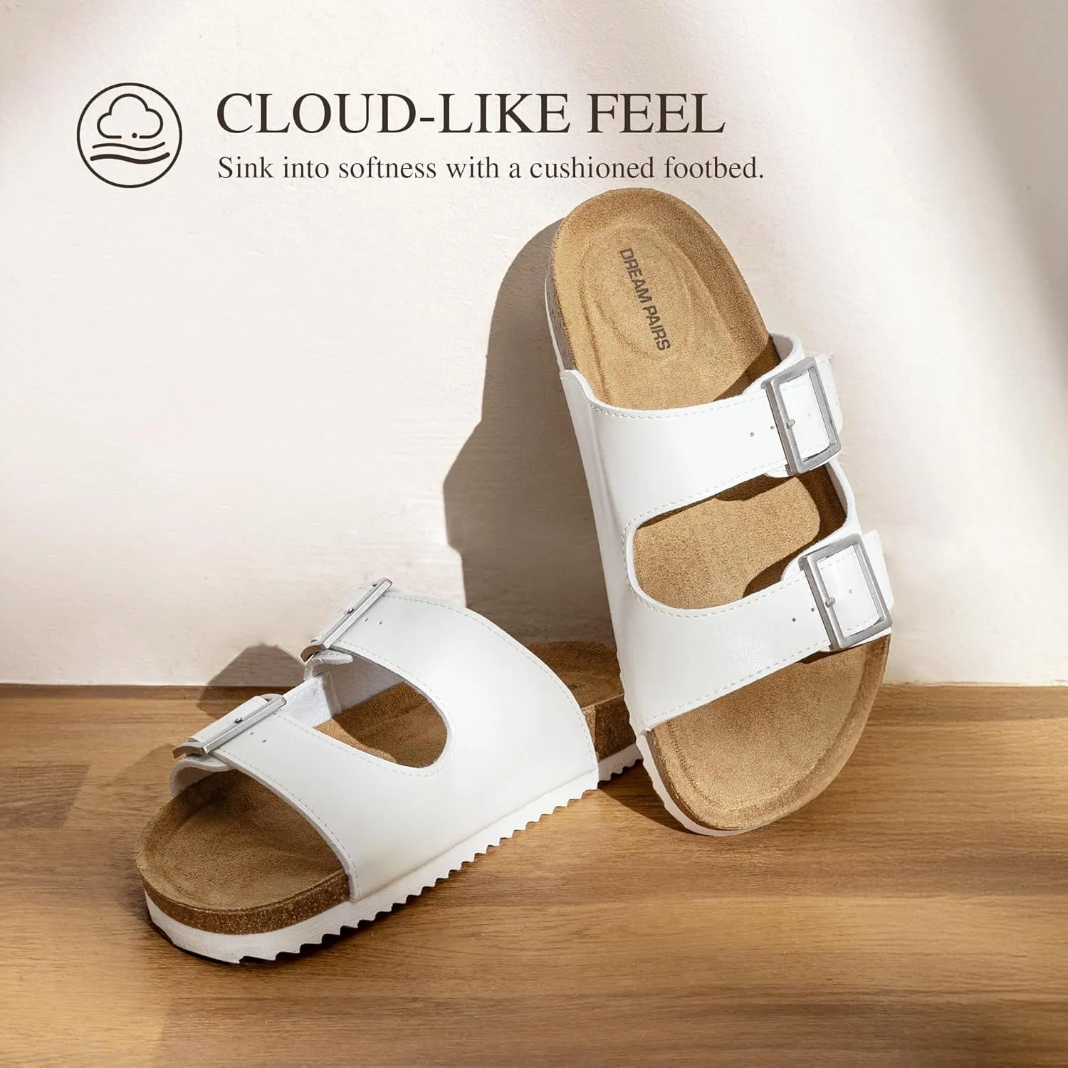 DREAM PAIRS Womens Slide Sandals Cork Footbed Open Toe Adjustable Flat Sandals Comfort Slip On Slippers for Summer