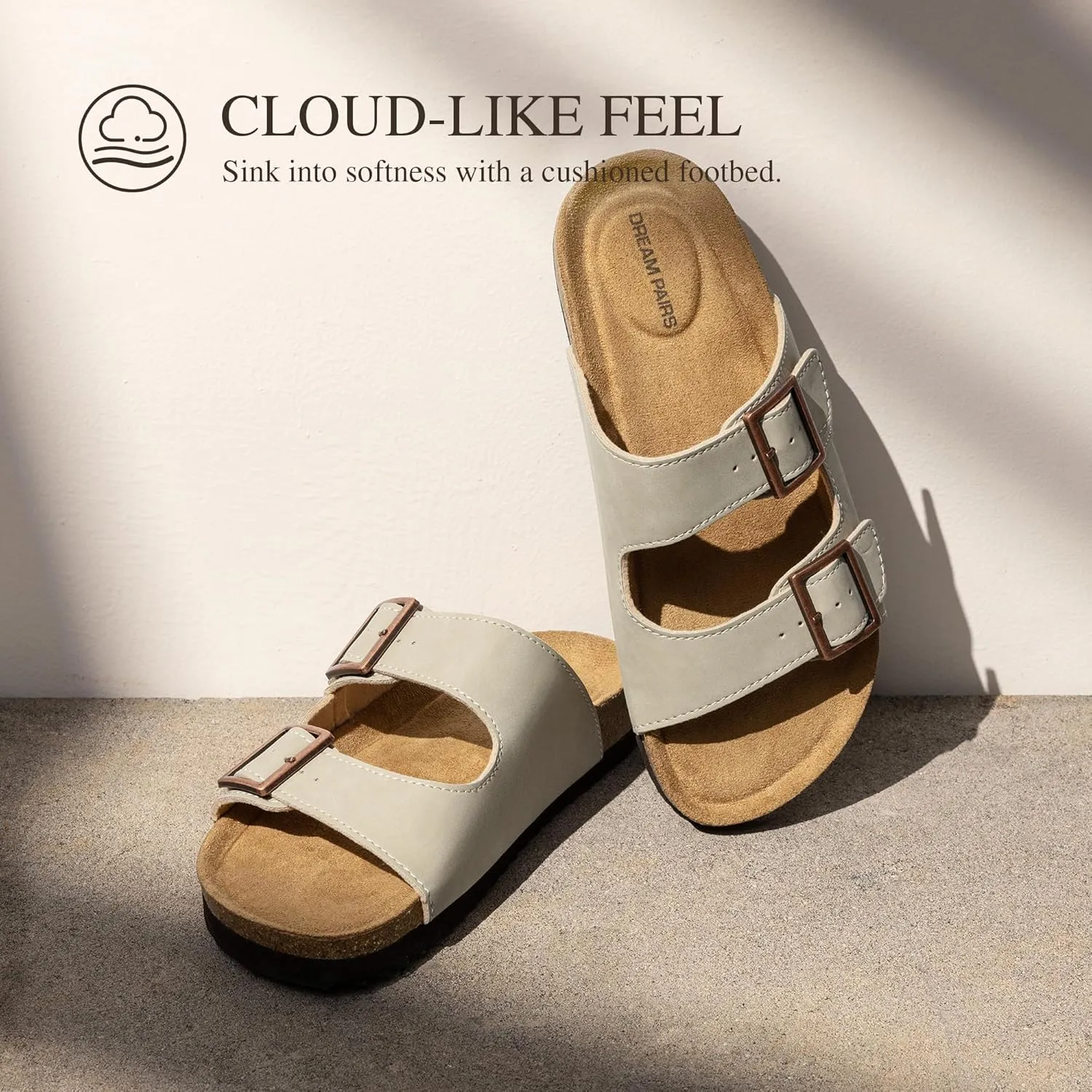 DREAM PAIRS Womens Slide Sandals Cork Footbed Open Toe Adjustable Flat Sandals Comfort Slip On Slippers for Summer