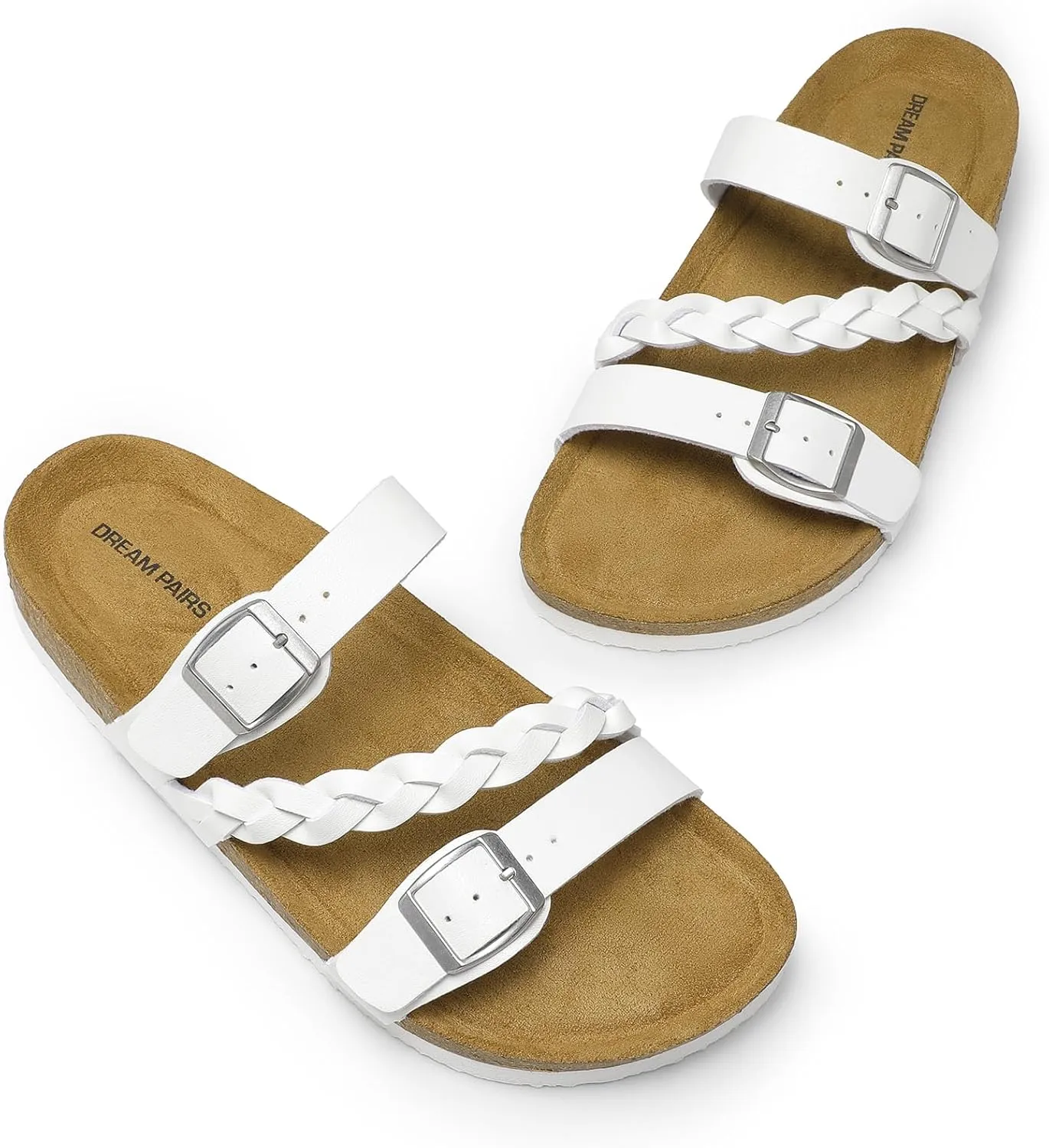 DREAM PAIRS Women's Slides Soft Cork Footbed Sandals Comfortable Walking Slip-on Flat Sandals Arch Support Adjustable Buckle Braided Straps Slippers