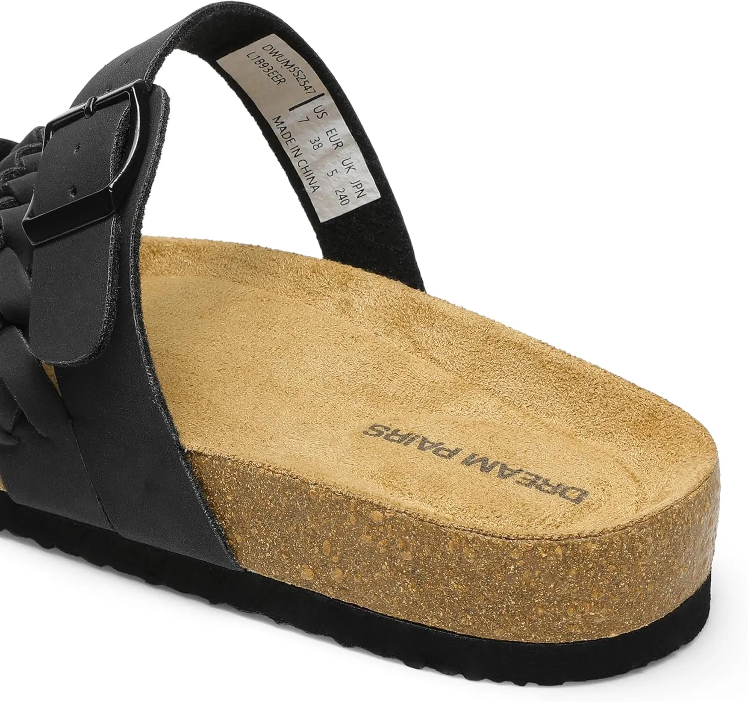 DREAM PAIRS Women's Slides Soft Cork Footbed Sandals Comfortable Walking Slip-on Flat Sandals Arch Support Adjustable Buckle Braided Straps Slippers