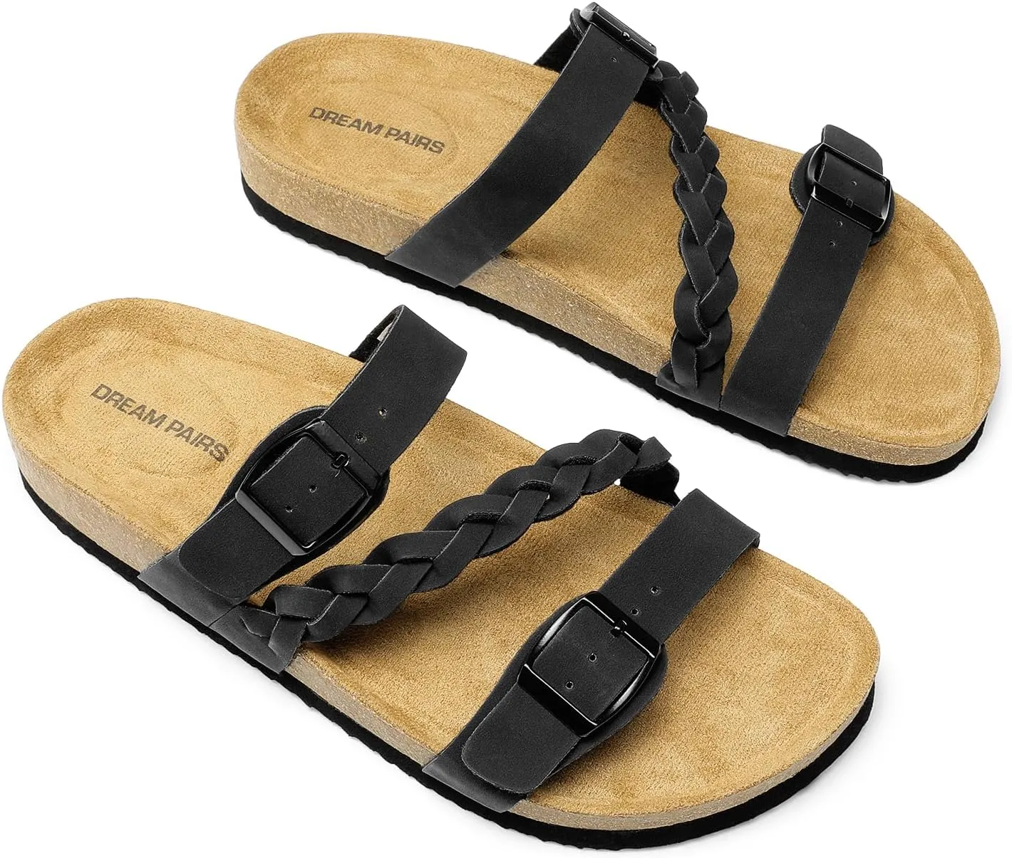 DREAM PAIRS Women's Slides Soft Cork Footbed Sandals Comfortable Walking Slip-on Flat Sandals Arch Support Adjustable Buckle Braided Straps Slippers
