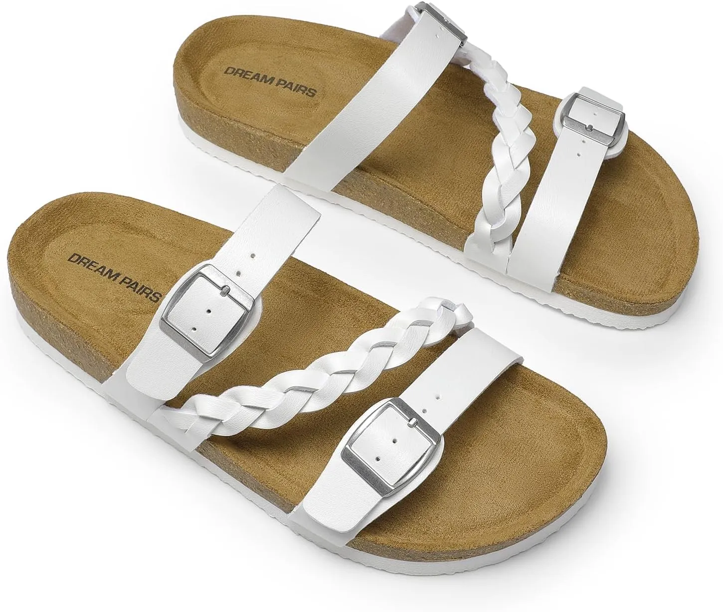 DREAM PAIRS Women's Slides Soft Cork Footbed Sandals Comfortable Walking Slip-on Flat Sandals Arch Support Adjustable Buckle Braided Straps Slippers