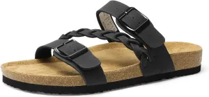 DREAM PAIRS Women's Slides Soft Cork Footbed Sandals Comfortable Walking Slip-on Flat Sandals Arch Support Adjustable Buckle Braided Straps Slippers