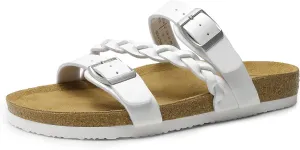DREAM PAIRS Women's Slides Soft Cork Footbed Sandals Comfortable Walking Slip-on Flat Sandals Arch Support Adjustable Buckle Braided Straps Slippers