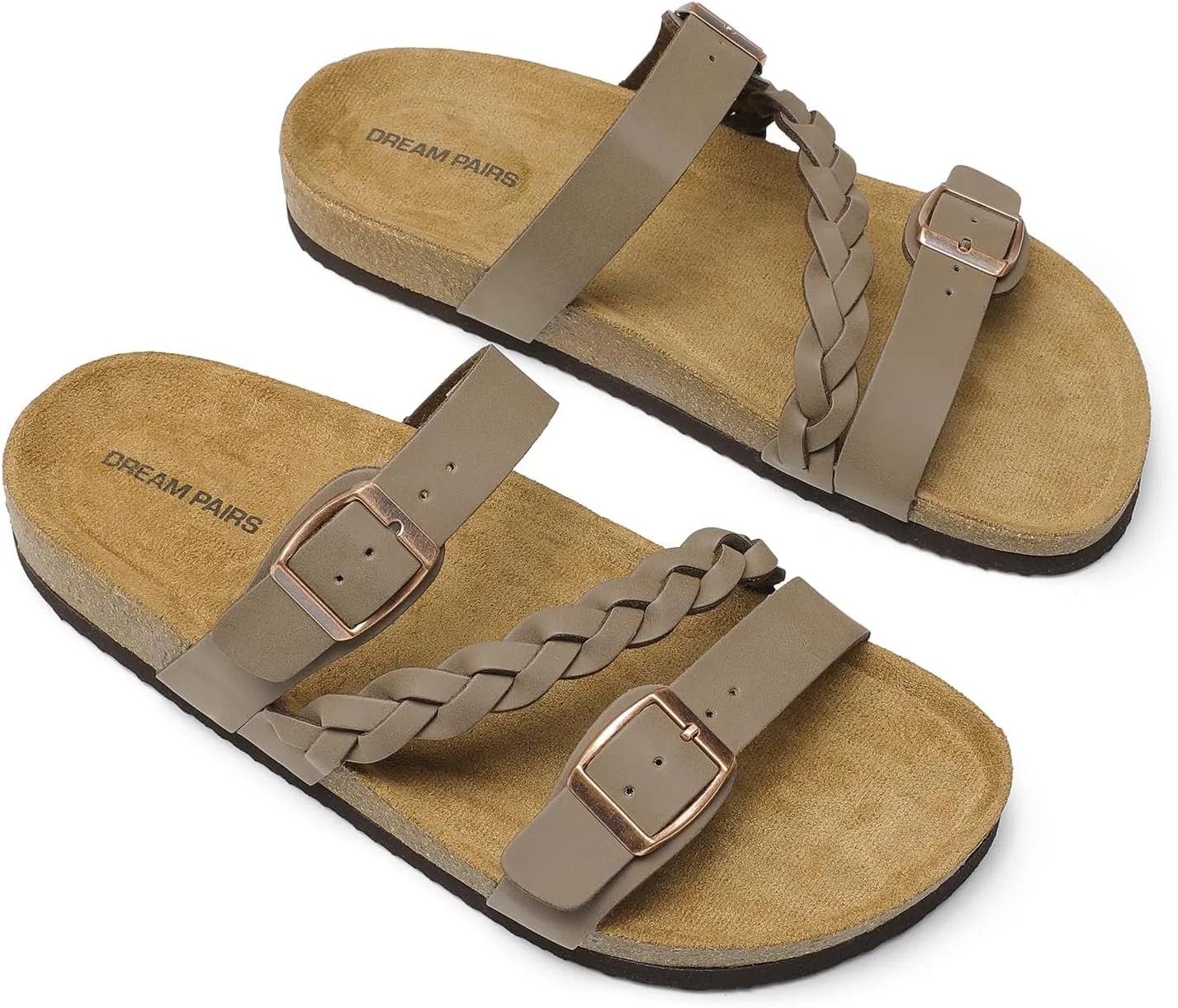 DREAM PAIRS Women's Slides Soft Cork Footbed Sandals Comfortable Walking Slip-on Flat Sandals Arch Support Adjustable Buckle Braided Straps Slippers