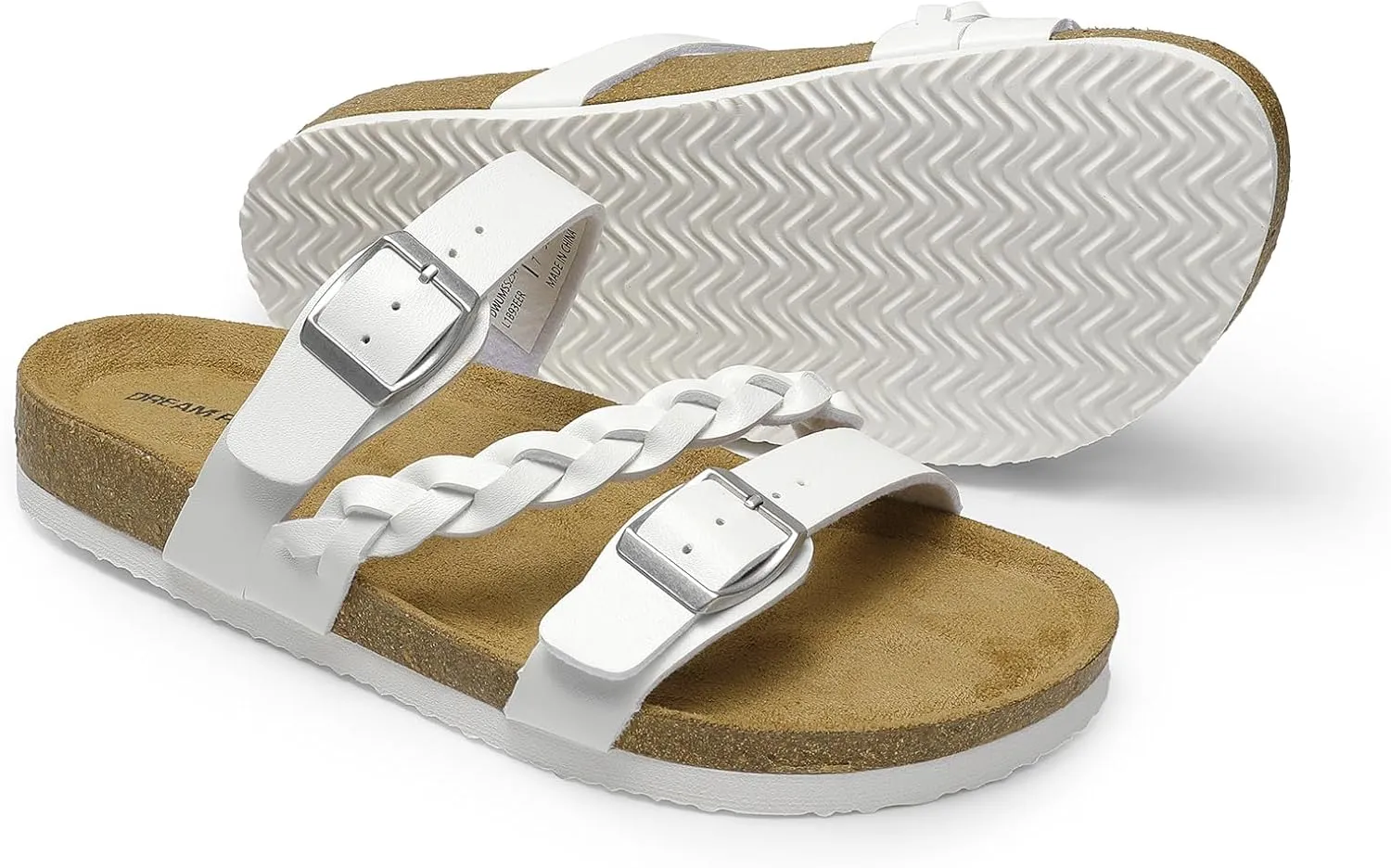 DREAM PAIRS Women's Slides Soft Cork Footbed Sandals Comfortable Walking Slip-on Flat Sandals Arch Support Adjustable Buckle Braided Straps Slippers