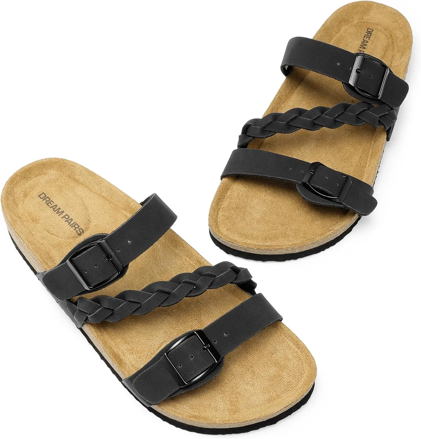 DREAM PAIRS Women's Slides Soft Cork Footbed Sandals Comfortable Walking Slip-on Flat Sandals Arch Support Adjustable Buckle Braided Straps Slippers