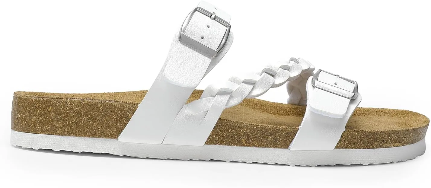 DREAM PAIRS Women's Slides Soft Cork Footbed Sandals Comfortable Walking Slip-on Flat Sandals Arch Support Adjustable Buckle Braided Straps Slippers