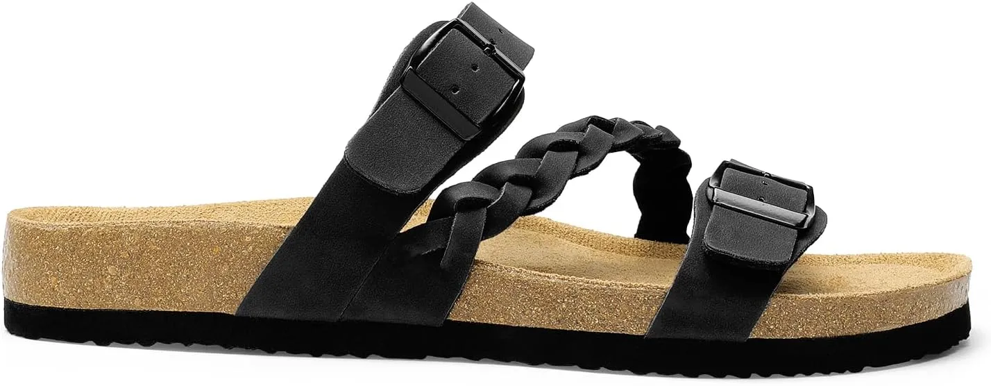 DREAM PAIRS Women's Slides Soft Cork Footbed Sandals Comfortable Walking Slip-on Flat Sandals Arch Support Adjustable Buckle Braided Straps Slippers