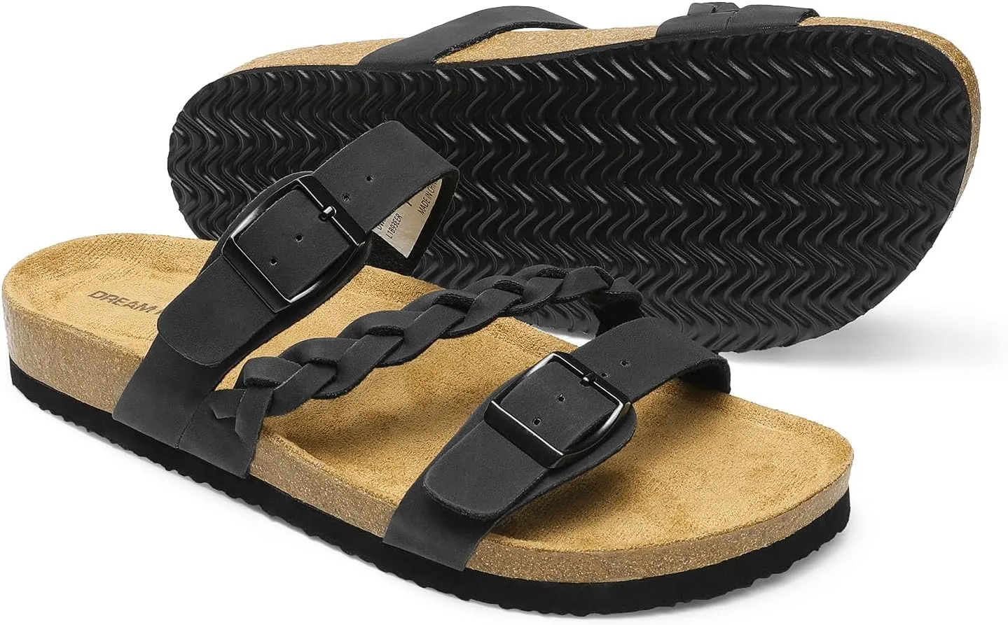 DREAM PAIRS Women's Slides Soft Cork Footbed Sandals Comfortable Walking Slip-on Flat Sandals Arch Support Adjustable Buckle Braided Straps Slippers