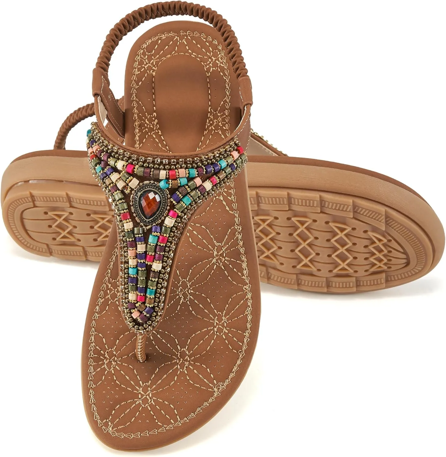 Ecetana Womens Sandals Dressy Flat with Bohemian Beaded Comfortable Casual Summer Slip On Ankle Elastic Thong Shoes