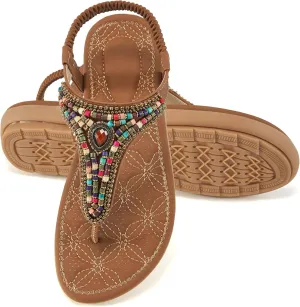 Ecetana Womens Sandals Dressy Flat with Bohemian Beaded Comfortable Casual Summer Slip On Ankle Elastic Thong Shoes