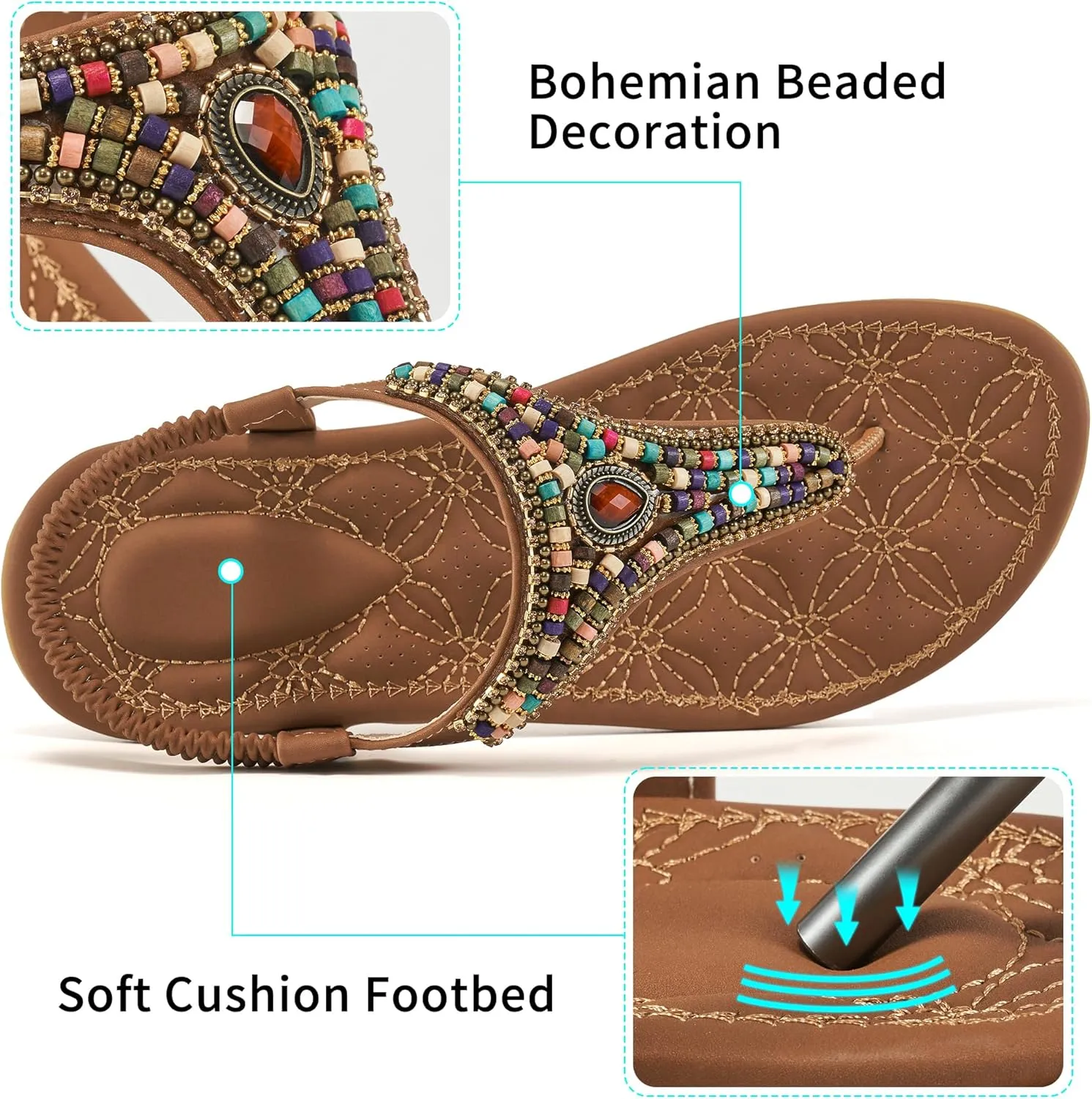 Ecetana Womens Sandals Dressy Flat with Bohemian Beaded Comfortable Casual Summer Slip On Ankle Elastic Thong Shoes