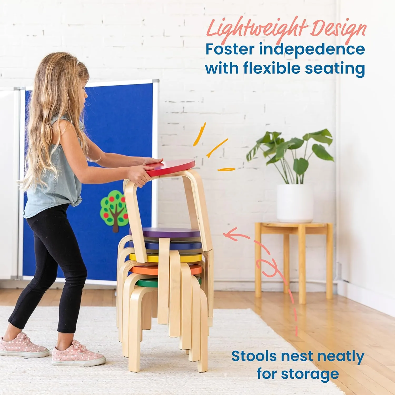 ECR4Kids Bentwood Stackable Stools, Classroom Furniture, Assorted, 6-Piece
