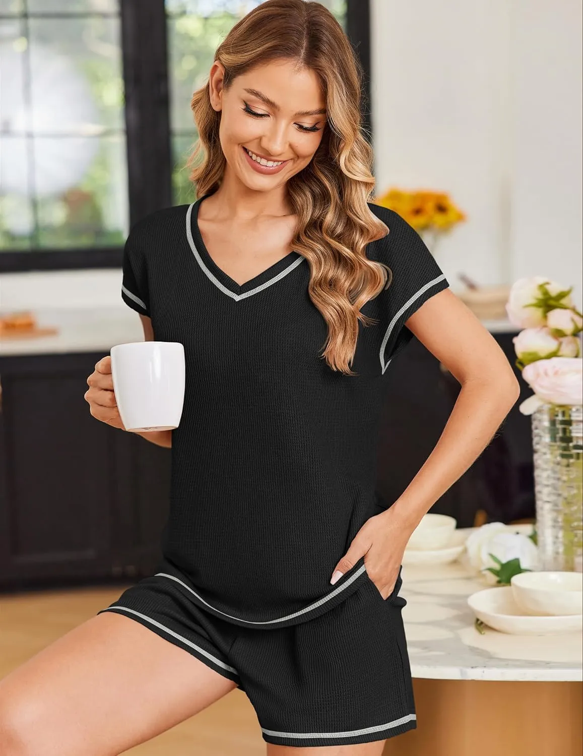 Ekouaer Womens Waffle Knit Short Sets Short Sleeve Lounge Set V Neck Top and Shorts Pajamas Casual Outfits with Pockets