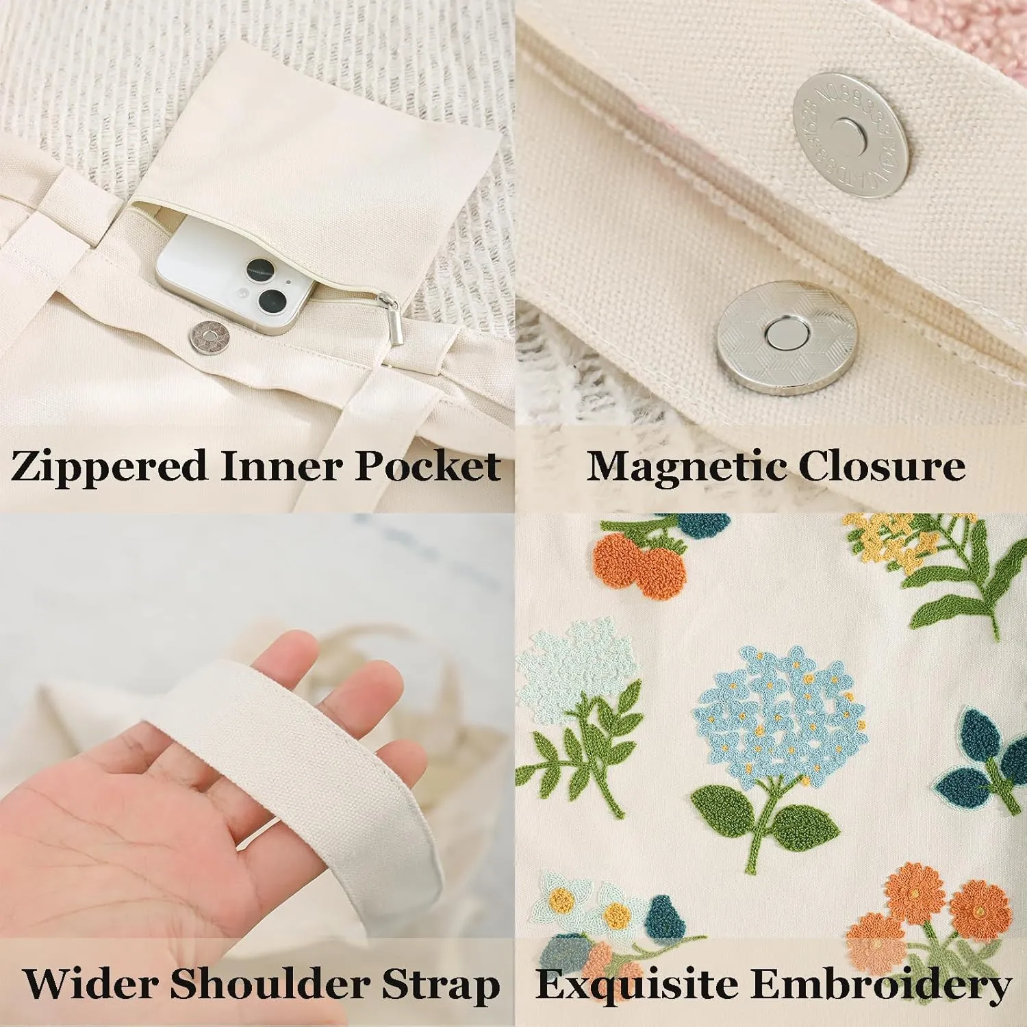 Embroidery Canvas Tote Bag for Women Reusable Cotton Shoulder Bag for Shopping Grocery Beach Book Gift Gym