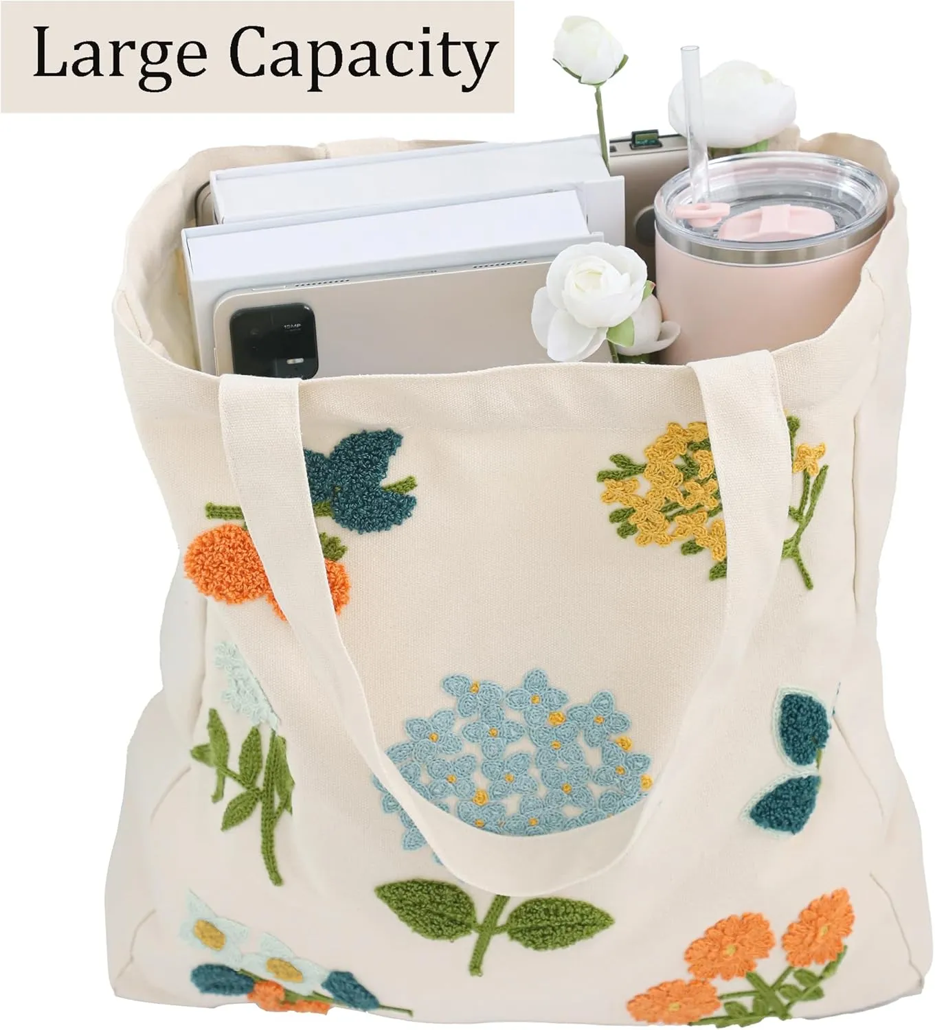 Embroidery Canvas Tote Bag for Women Reusable Cotton Shoulder Bag for Shopping Grocery Beach Book Gift Gym