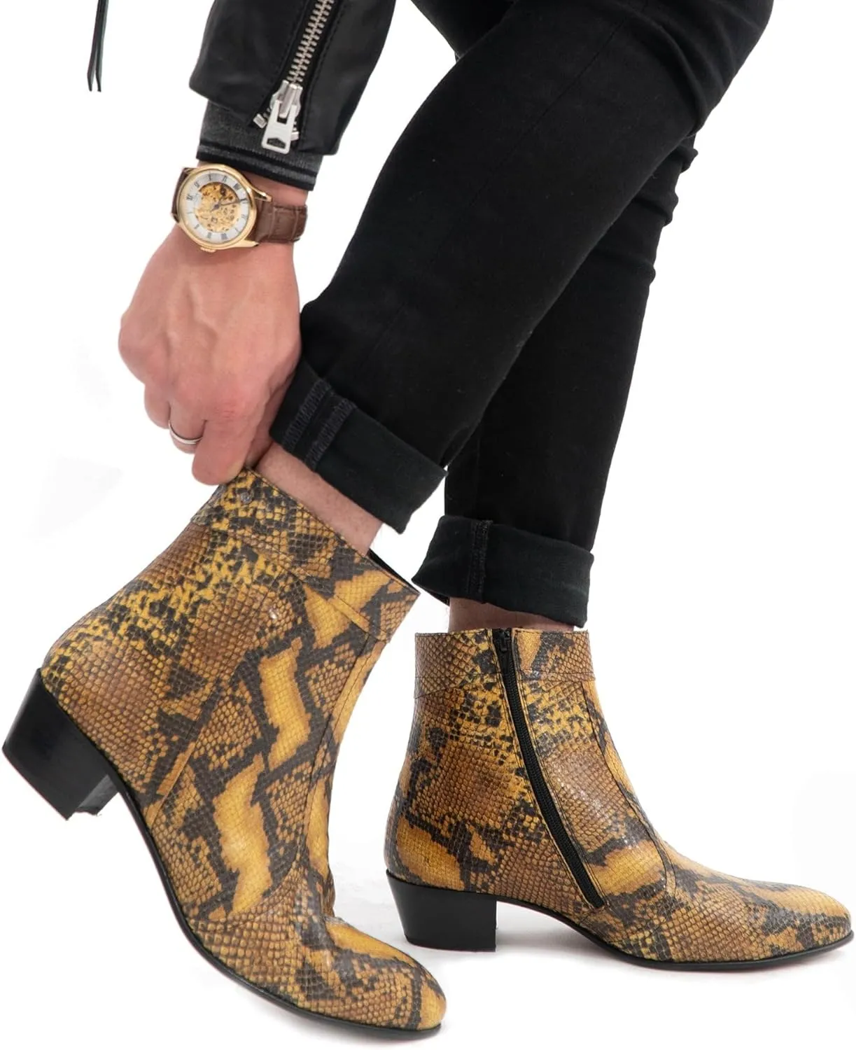 EMMANUEL Mens Premium Handcrafted Luxury 100% Real Exotic Leather Cuban Heel Smart Formal Dress Boots Made In Spain