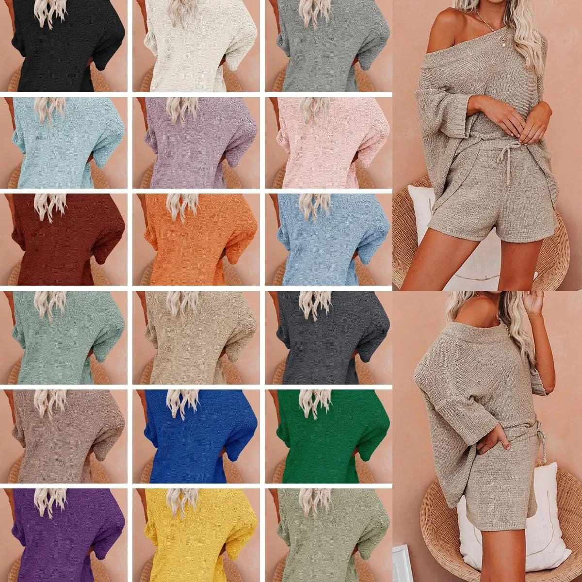 Ermonn Womens 2 Piece Outfits Sweater Sets Off Shoulder Knit Tops Waist Short Suits Casual Pajama Set