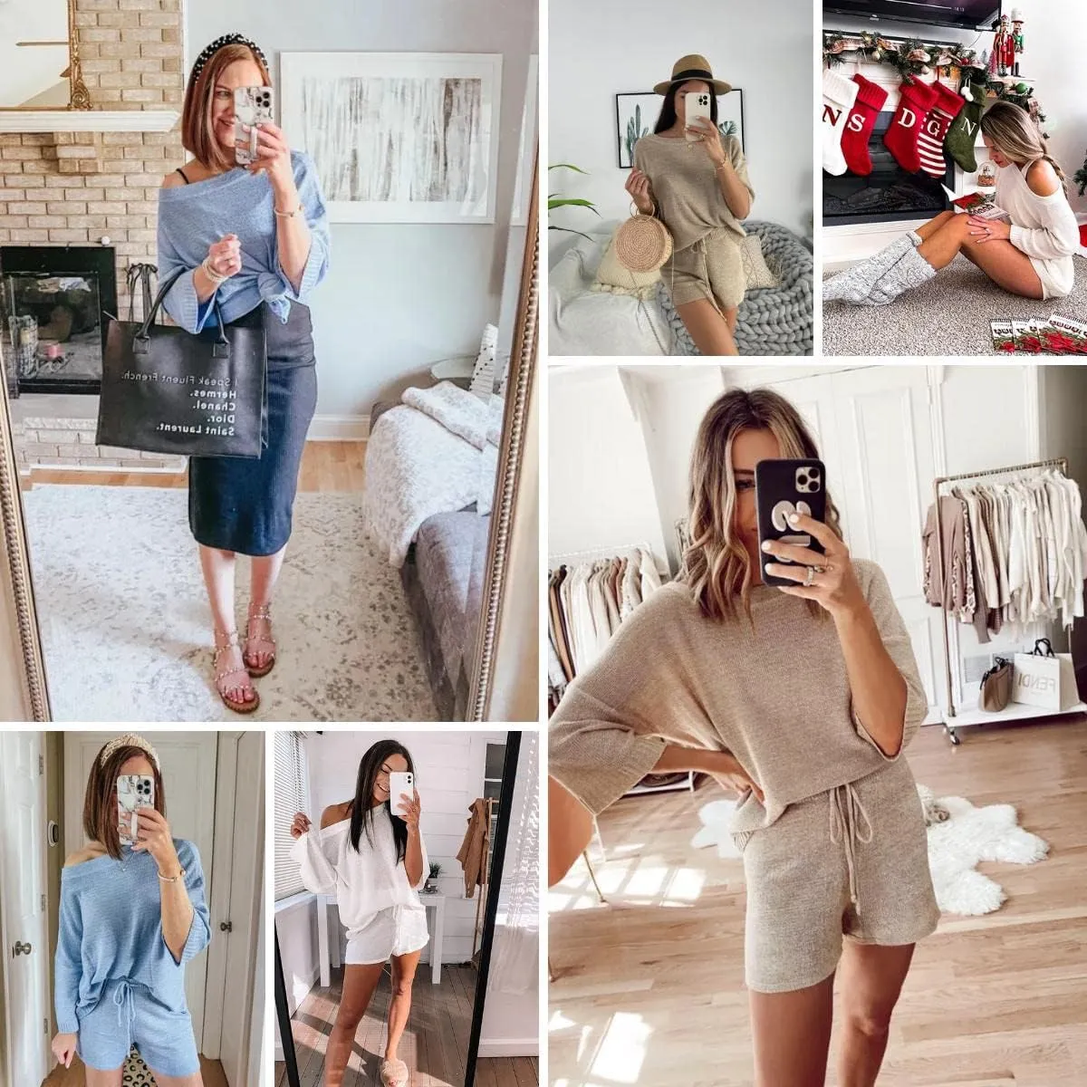 Ermonn Womens 2 Piece Outfits Sweater Sets Off Shoulder Knit Tops Waist Short Suits Casual Pajama Set