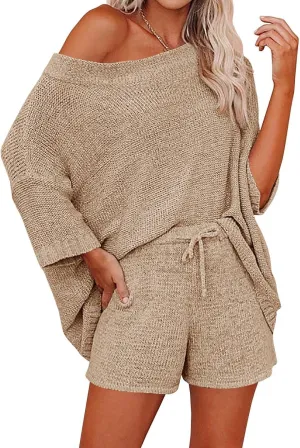 Ermonn Womens 2 Piece Outfits Sweater Sets Off Shoulder Knit Tops Waist Short Suits Casual Pajama Set