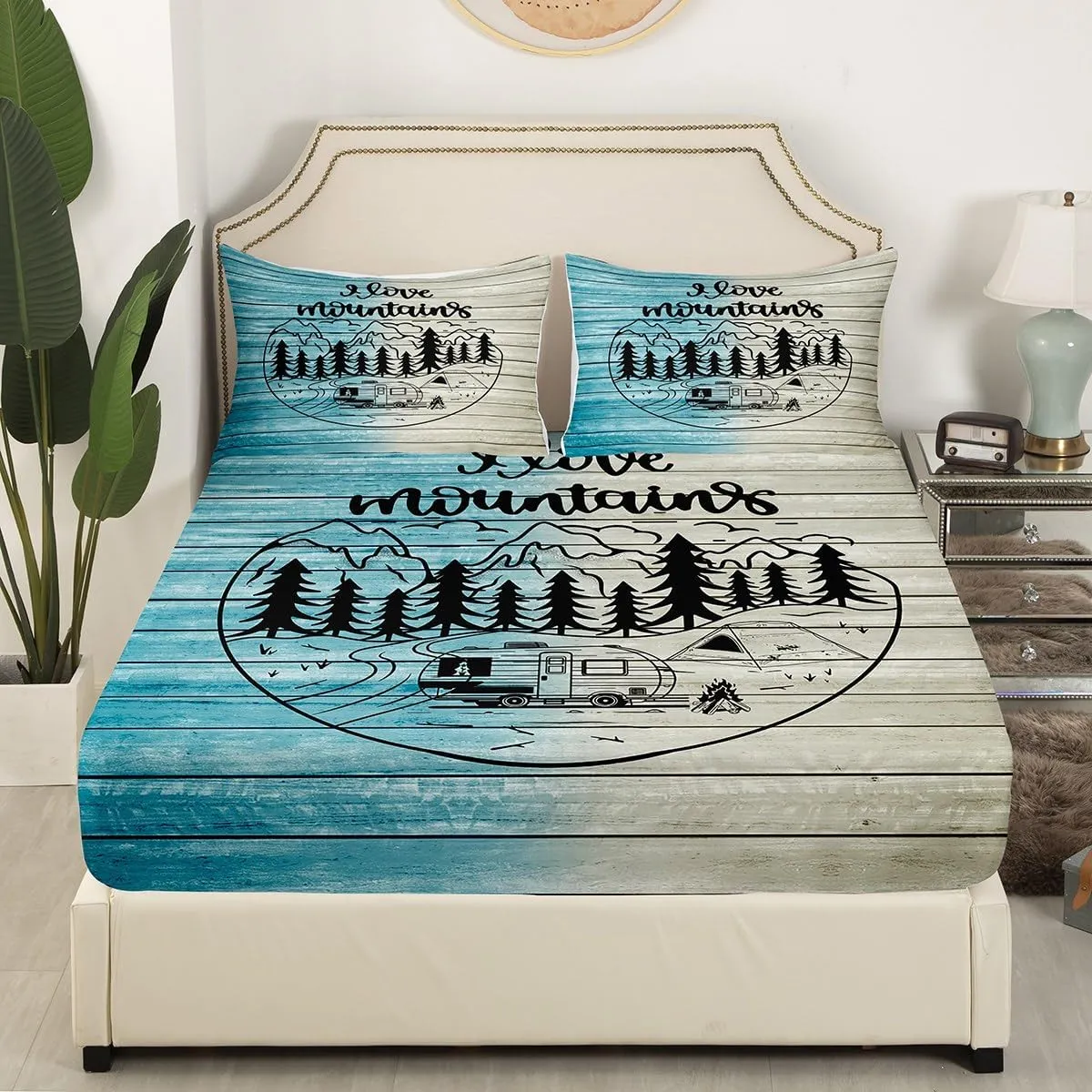 Erosebridal Camper Decor Sheet Set Happy Camping Bed Sheets Set, Camp with Mountain Sheets Summer Campfire Hiking Adventure Top Fitted Sheet for Boys Girls Juveniles Bedroom, Full Size