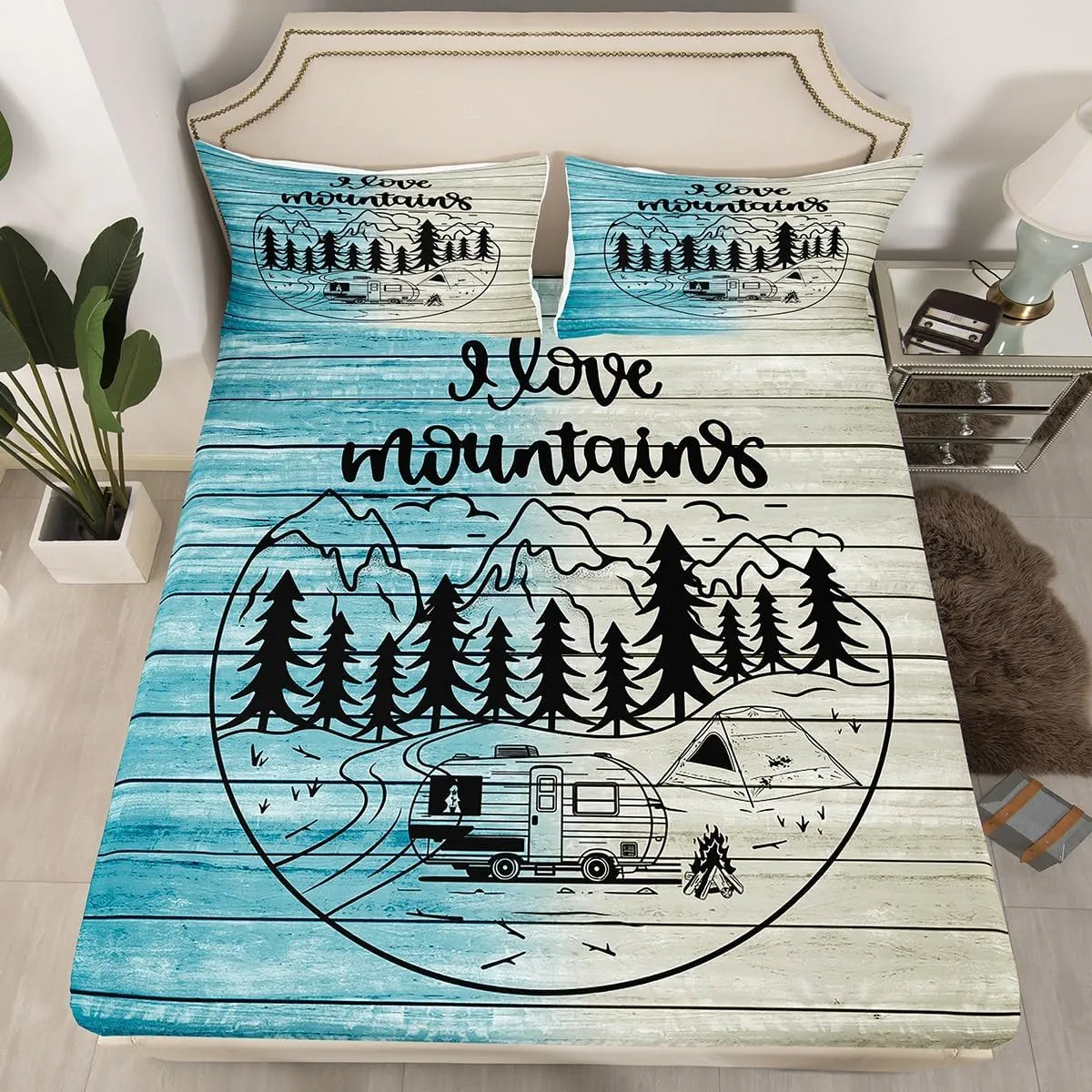 Erosebridal Camper Decor Sheet Set Happy Camping Bed Sheets Set, Camp with Mountain Sheets Summer Campfire Hiking Adventure Top Fitted Sheet for Boys Girls Juveniles Bedroom, Full Size