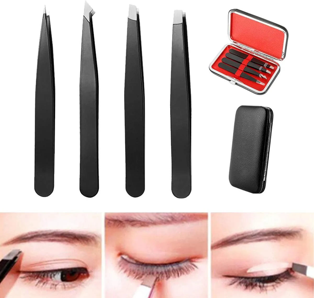 Eyebrow Grooming Beauty Tool ， Trimmer ，4Pcs Professional Stainless Steel Precision Tweezer for Eyebrows Plucking Point Tip/Slant Tip/Flat Tip Hair Removal Makeup Tools Black