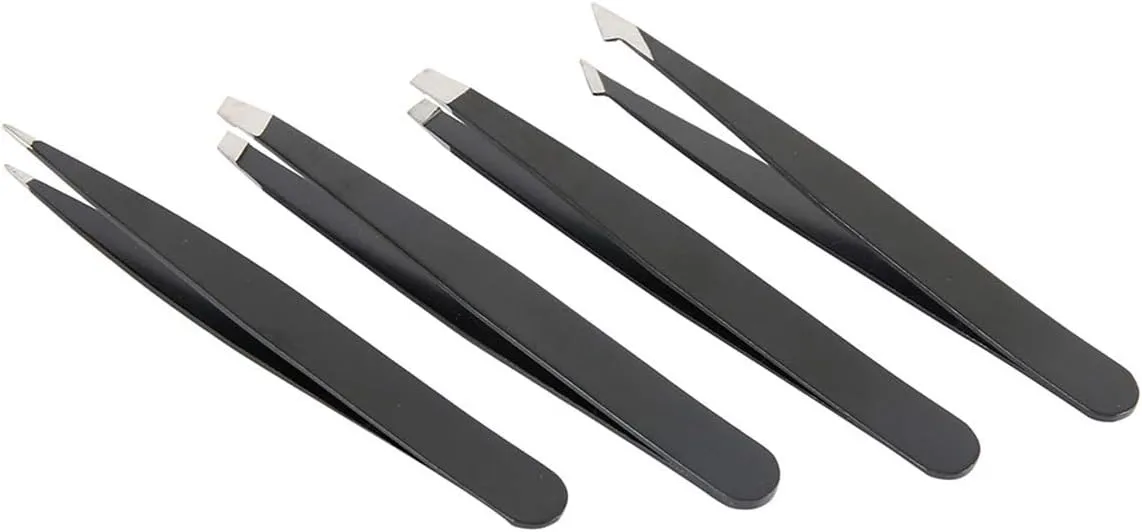Eyebrow Grooming Beauty Tool ， Trimmer ，4Pcs Professional Stainless Steel Precision Tweezer for Eyebrows Plucking Point Tip/Slant Tip/Flat Tip Hair Removal Makeup Tools Black