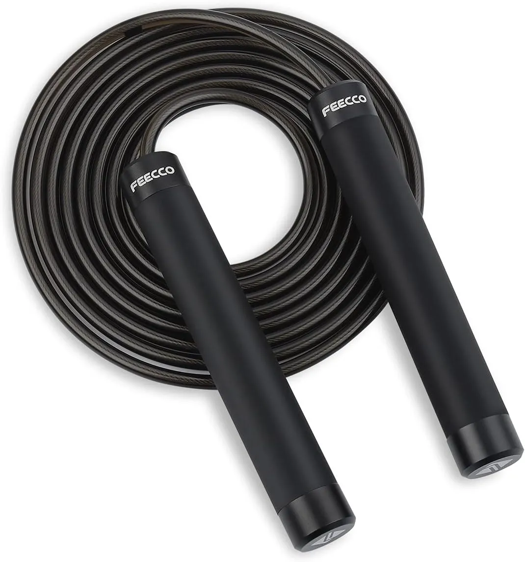 FEECCO 1/2 lb Weighted Jump Rope for Boxing, Cardio, Crossfit Workout, 8~11ft Range Adjustable Length Steel Ropes with Ball Bearings and Metal Handles, Suitable for Men and Women