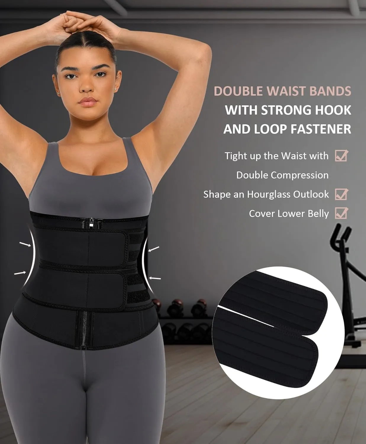 FeelinGirl Waist Trainer for Women Belly Fat Long Torso Sauna Workout 2 Belt With Zipper 7 Steel Bones Corset