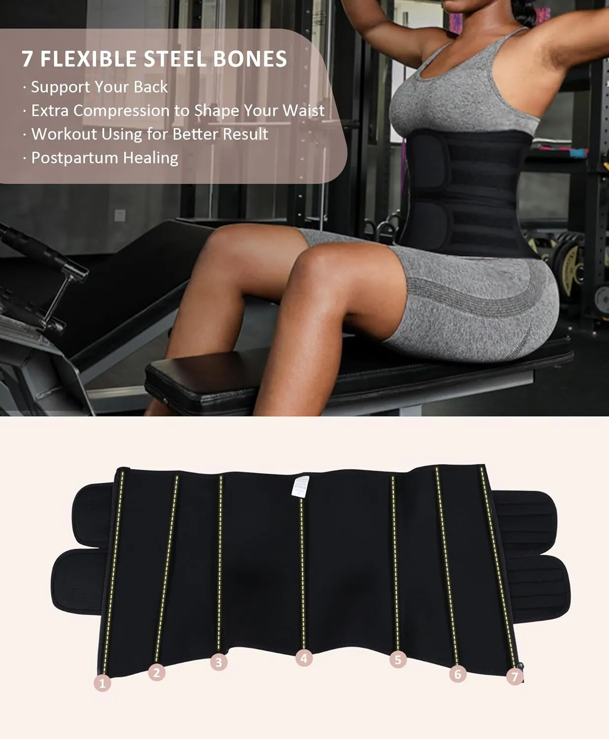 FeelinGirl Waist Trainer for Women Belly Fat Long Torso Sauna Workout 2 Belt With Zipper 7 Steel Bones Corset