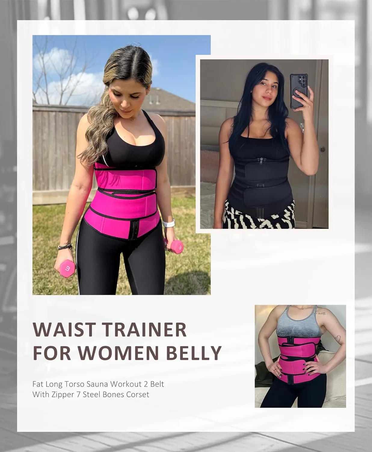 FeelinGirl Waist Trainer for Women Belly Fat Long Torso Sauna Workout 2 Belt With Zipper 7 Steel Bones Corset