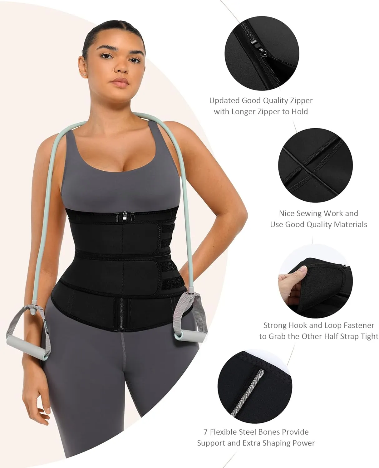 FeelinGirl Waist Trainer for Women Belly Fat Long Torso Sauna Workout 2 Belt With Zipper 7 Steel Bones Corset