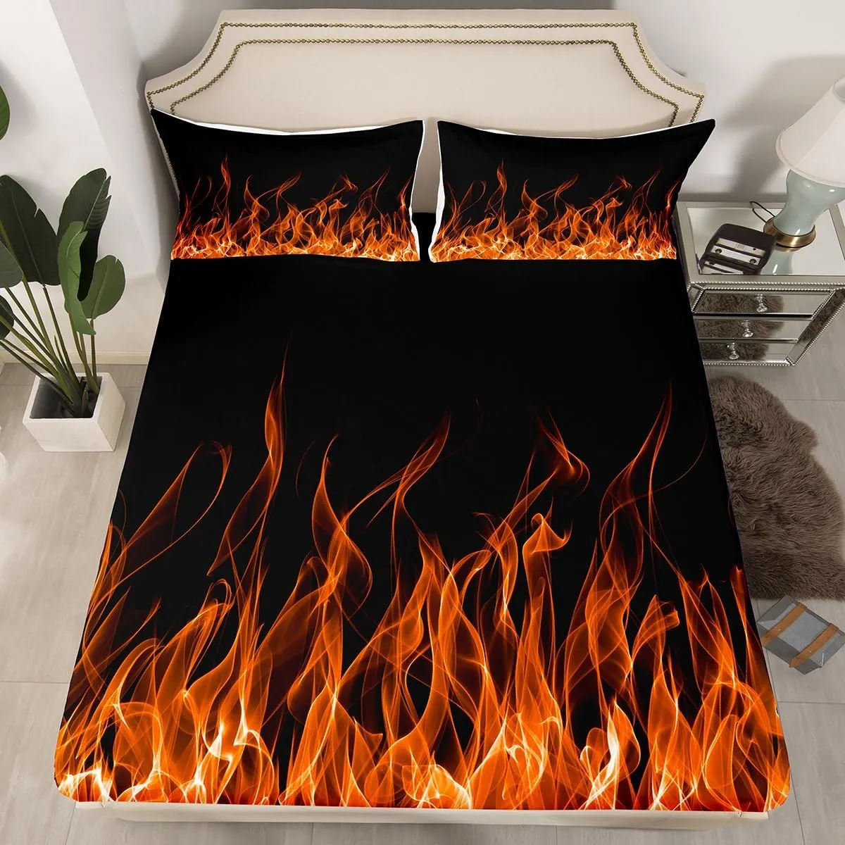 Feelyou Flame Bed Sheets Kawaii Decor Bedding Set for Kids Boys Women Orange Flame Sheets Chic Fitted Sheet with 1 Pillowcase 3Pcs Bedding Twin