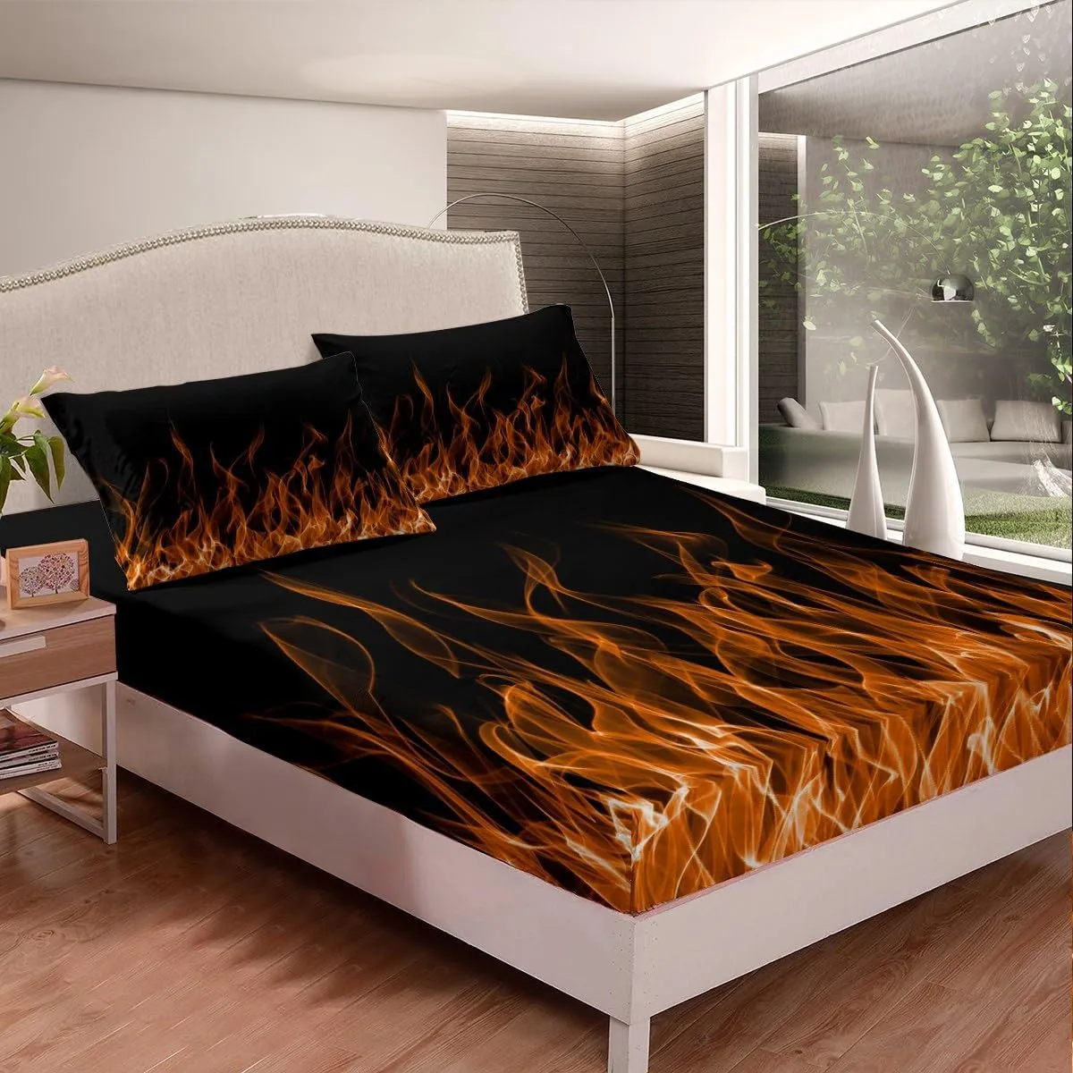 Feelyou Flame Bed Sheets Kawaii Decor Bedding Set for Kids Boys Women Orange Flame Sheets Chic Fitted Sheet with 1 Pillowcase 3Pcs Bedding Twin