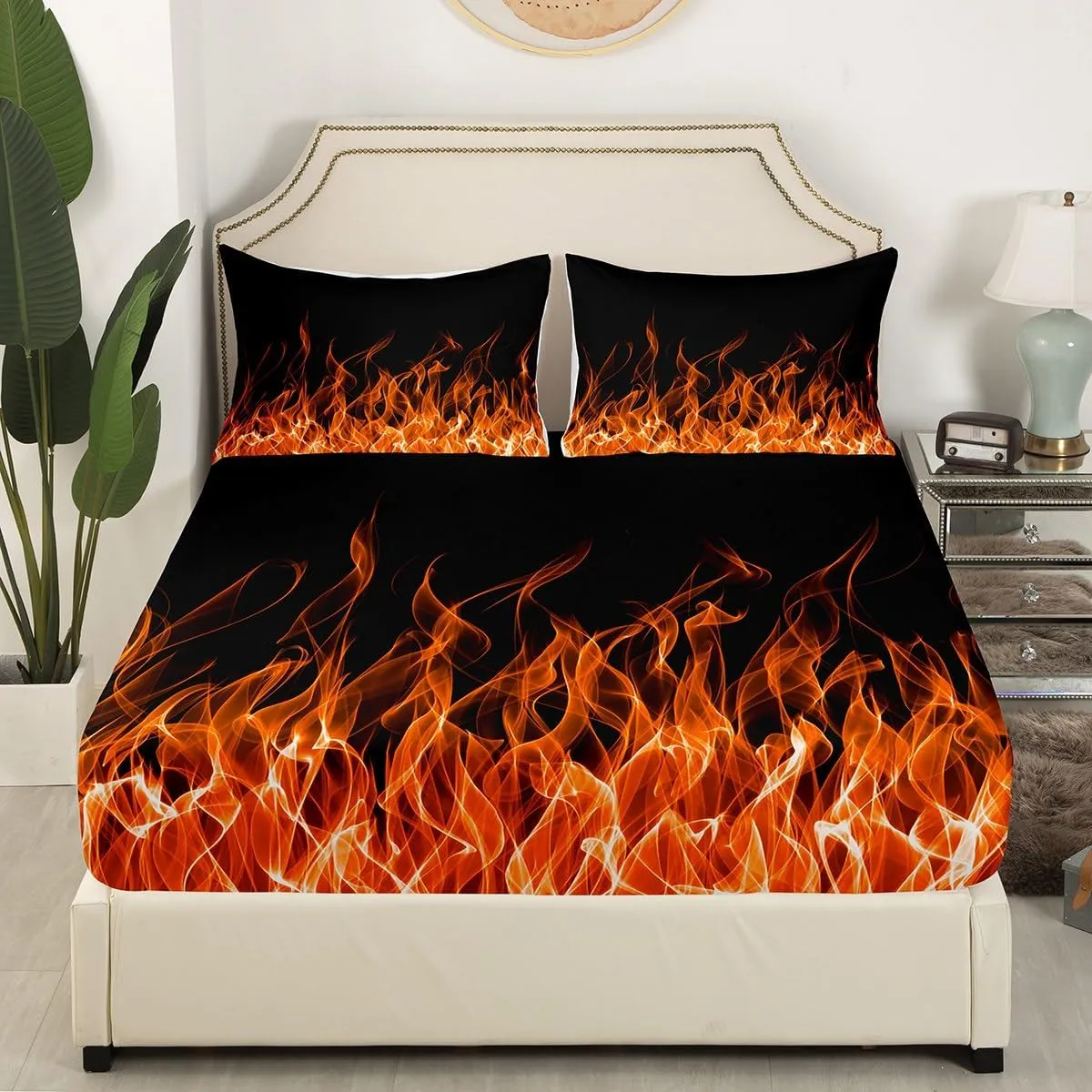 Feelyou Flame Bed Sheets Kawaii Decor Bedding Set for Kids Boys Women Orange Flame Sheets Chic Fitted Sheet with 1 Pillowcase 3Pcs Bedding Twin