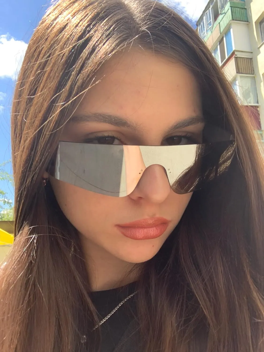 FEISEDY Futuristic Visor Punk Sunglasses Rimless One Piece Goggles Miorred Shades Women Men B2927