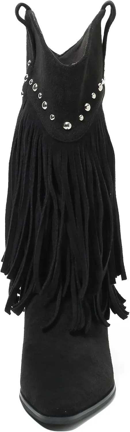 fereshte Fringe Boots For Women Stud Western Tassel Riding Cowgirl Cowboy Mid Calf Pull On Boots