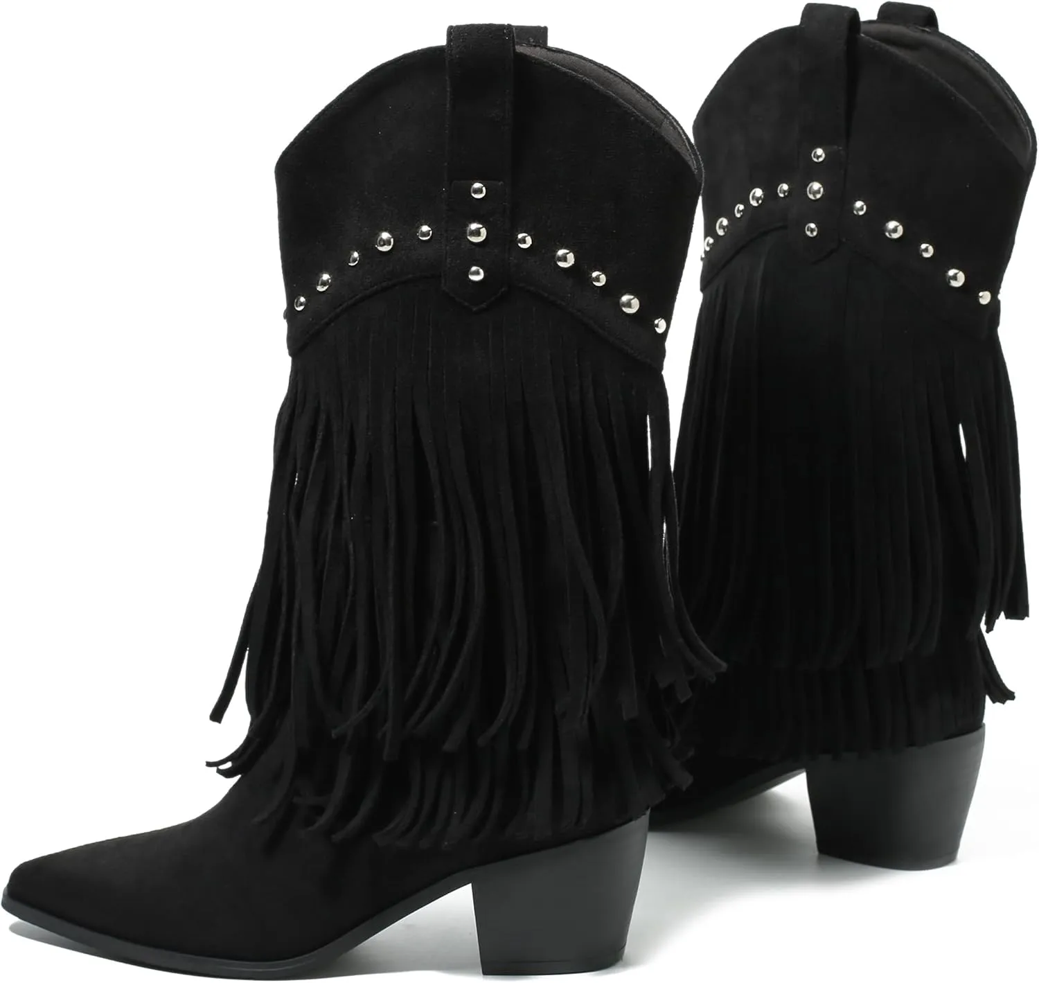 fereshte Fringe Boots For Women Stud Western Tassel Riding Cowgirl Cowboy Mid Calf Pull On Boots