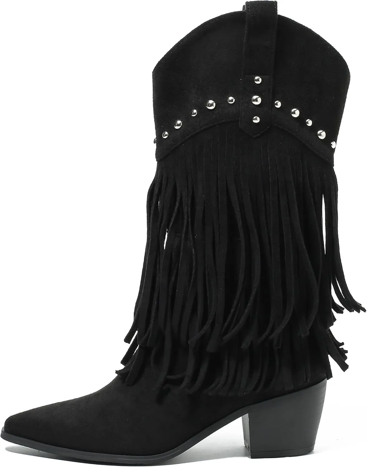 fereshte Fringe Boots For Women Stud Western Tassel Riding Cowgirl Cowboy Mid Calf Pull On Boots