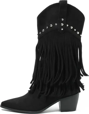 fereshte Fringe Boots For Women Stud Western Tassel Riding Cowgirl Cowboy Mid Calf Pull On Boots
