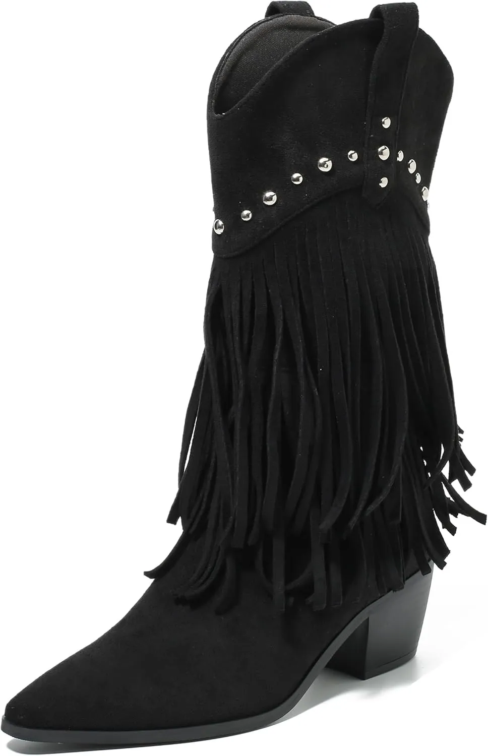 fereshte Fringe Boots For Women Stud Western Tassel Riding Cowgirl Cowboy Mid Calf Pull On Boots